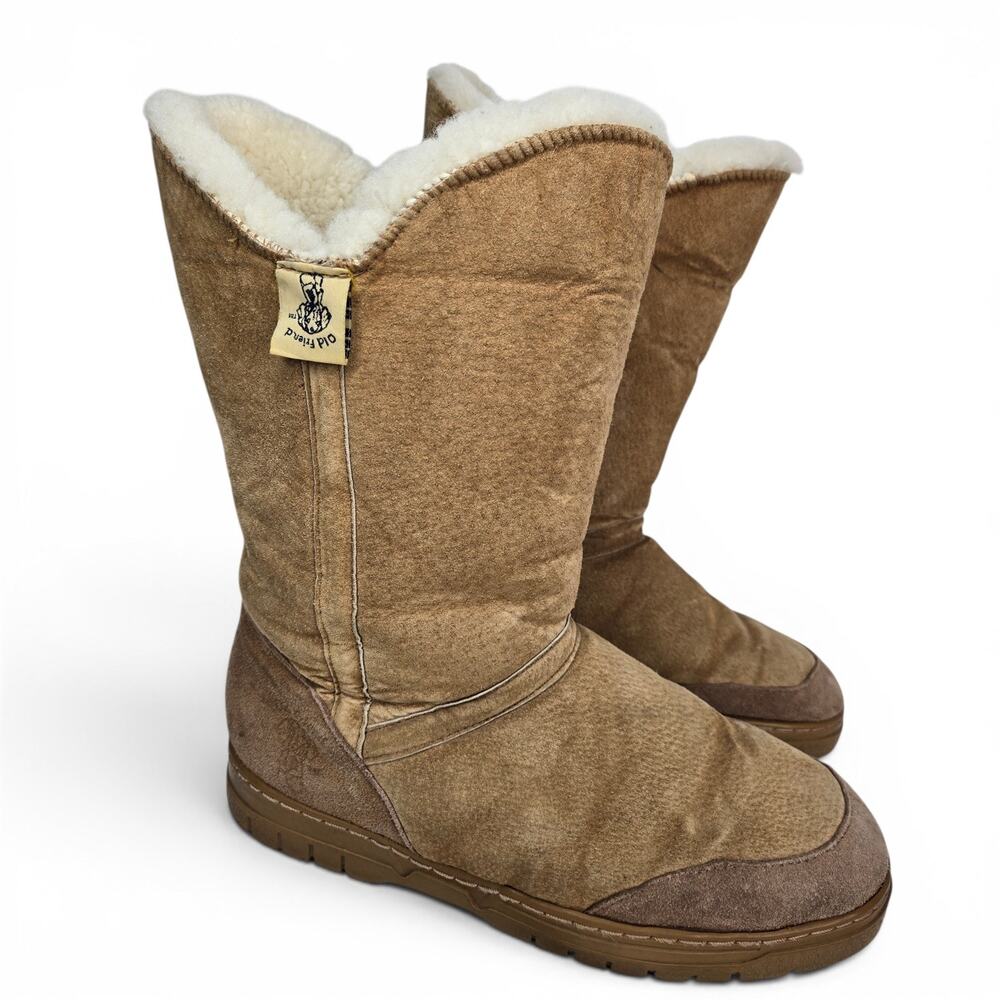 Old Friend Sheepskin Boots Tan Size 10 Suede Shearling Lined Mid Calf Winter
